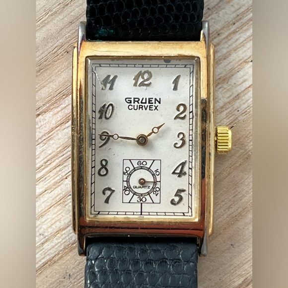 Gruen Curvex Rare Vintage Watch Curved Crystal White Dial Leather Strap